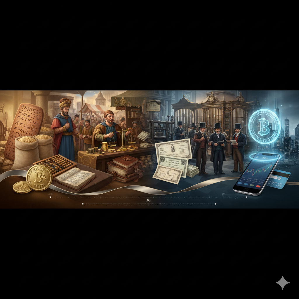 Historical imagery related to banking and finance through different eras